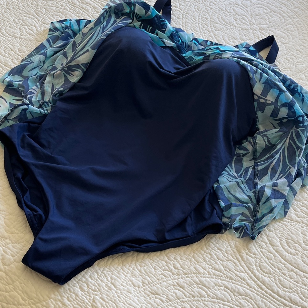 NWT Lands End 1 Piece Swimsuit Bathing 22W Mesh Bandeau Blue Teal Floral Support - Picture 12 of 15